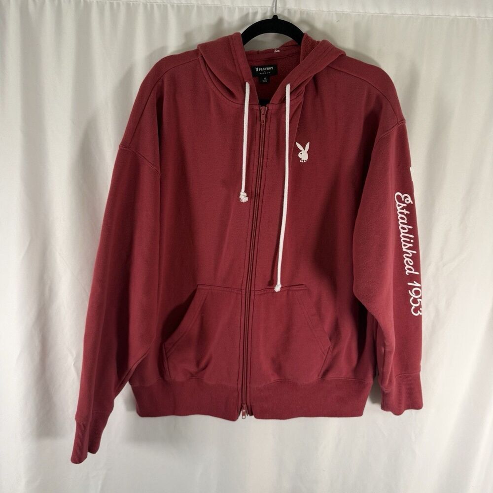 Playboy by PacSun Hoodie Men's Medium Red Full Zip Hooded Jacket Bunny Print